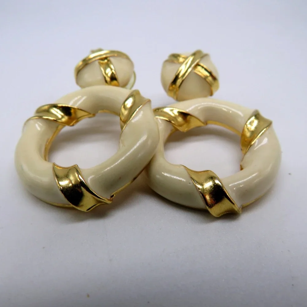 Vintage Cream Enamel Gold Tone Door Knocker Hoop Drop Earrings 1.5 Inch